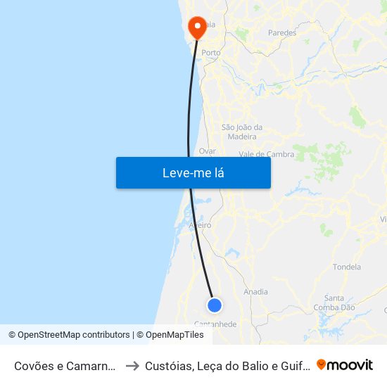 Covões e Camarneira to Custóias, Leça do Balio e Guifões map