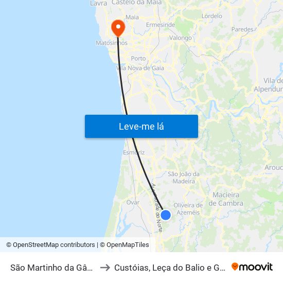 São Martinho da Gândara to Custóias, Leça do Balio e Guifões map