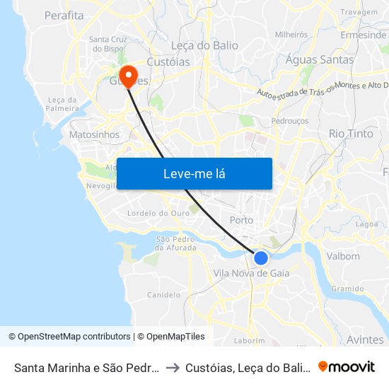 Santa Marinha e São Pedro da Afurada to Custóias, Leça do Balio e Guifões map