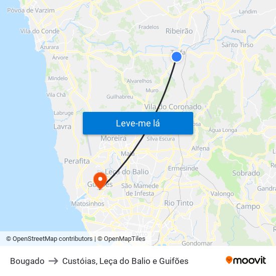 Bougado to Custóias, Leça do Balio e Guifões map