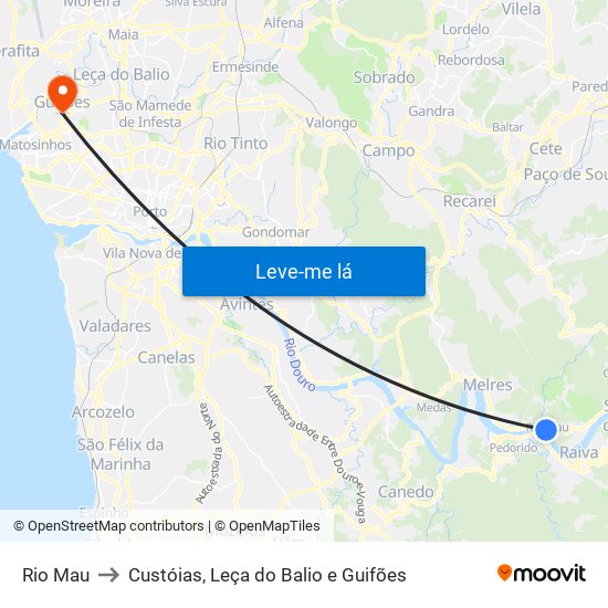 Rio Mau to Custóias, Leça do Balio e Guifões map