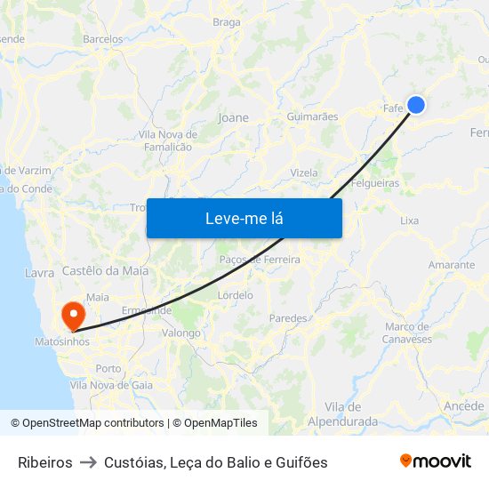 Ribeiros to Custóias, Leça do Balio e Guifões map