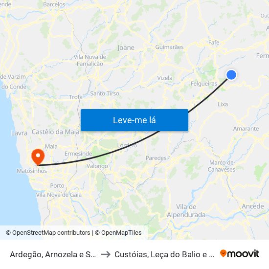 Ardegão, Arnozela e Seidões to Custóias, Leça do Balio e Guifões map