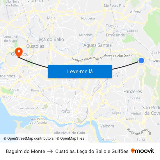 Baguim do Monte to Custóias, Leça do Balio e Guifões map