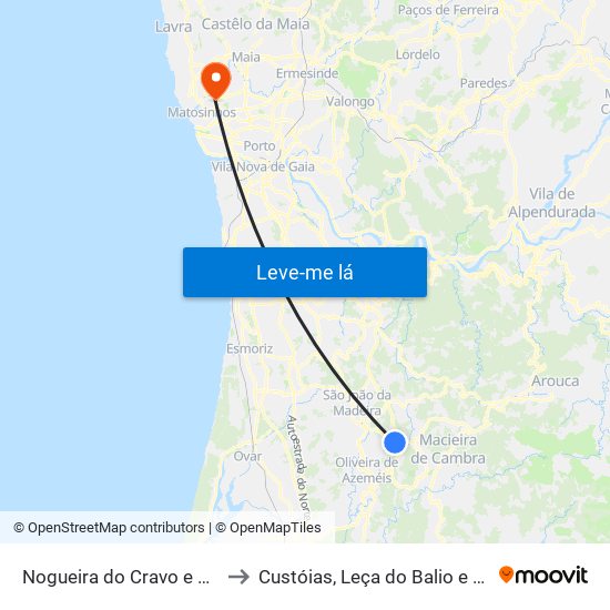 Nogueira do Cravo e Pindelo to Custóias, Leça do Balio e Guifões map