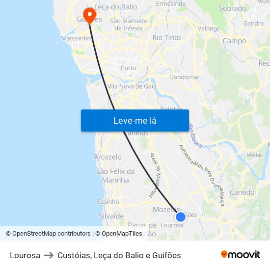 Lourosa to Custóias, Leça do Balio e Guifões map