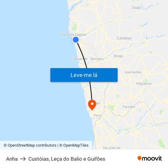 Anha to Custóias, Leça do Balio e Guifões map