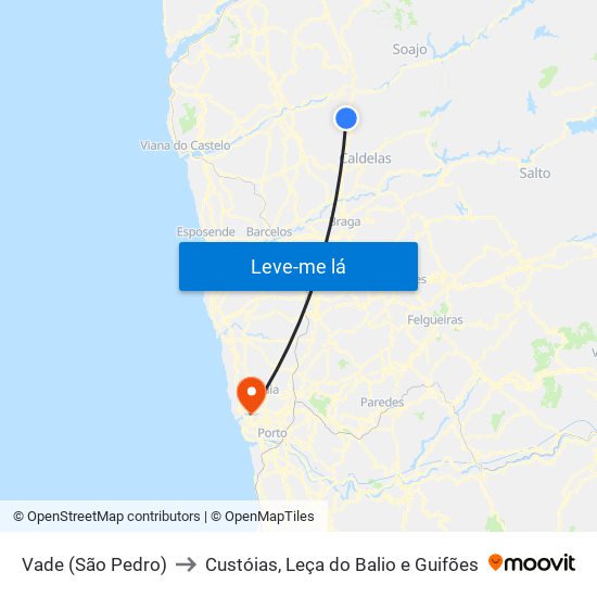 Vade (São Pedro) to Custóias, Leça do Balio e Guifões map