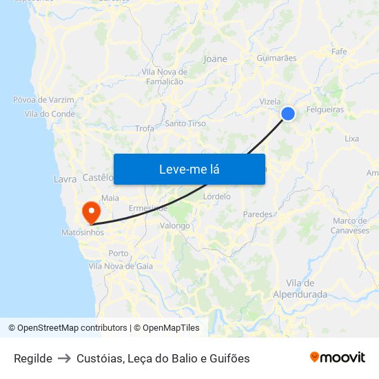 Regilde to Custóias, Leça do Balio e Guifões map