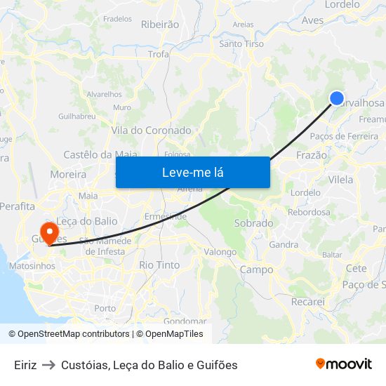 Eiriz to Custóias, Leça do Balio e Guifões map