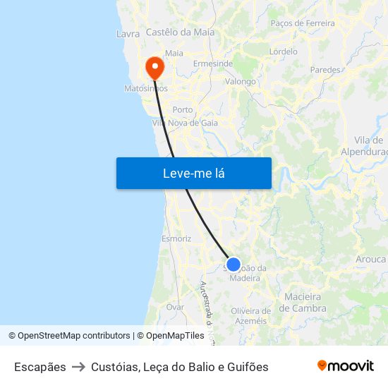 Escapães to Custóias, Leça do Balio e Guifões map