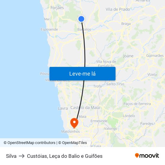 Silva to Custóias, Leça do Balio e Guifões map
