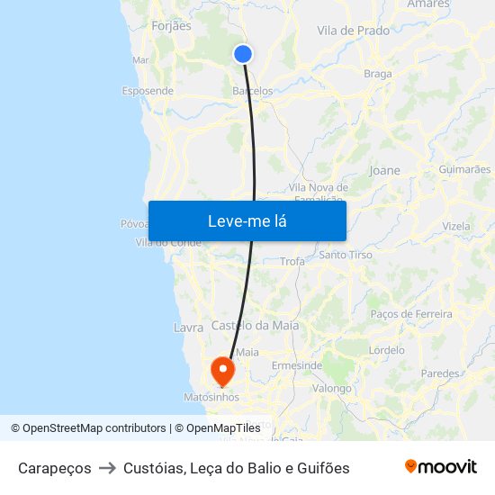 Carapeços to Custóias, Leça do Balio e Guifões map