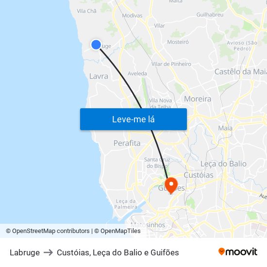 Labruge to Custóias, Leça do Balio e Guifões map