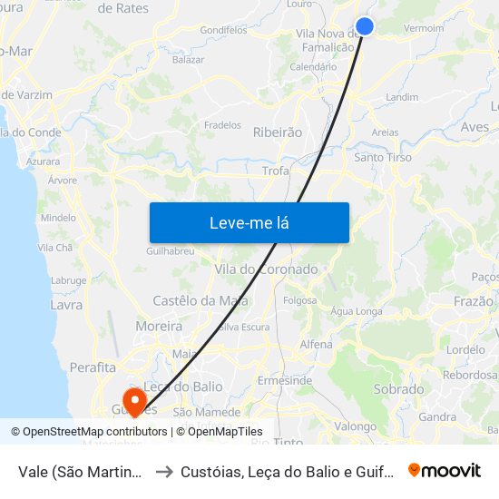 Vale (São Martinho) to Custóias, Leça do Balio e Guifões map