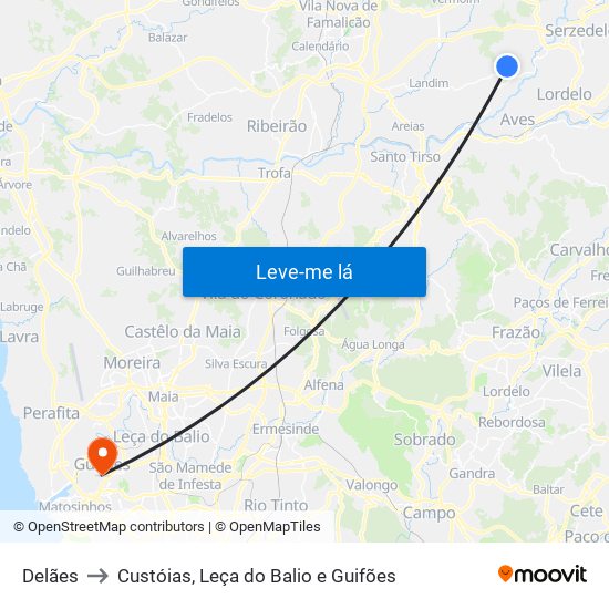 Delães to Custóias, Leça do Balio e Guifões map