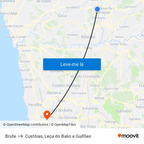 Brufe to Custóias, Leça do Balio e Guifões map