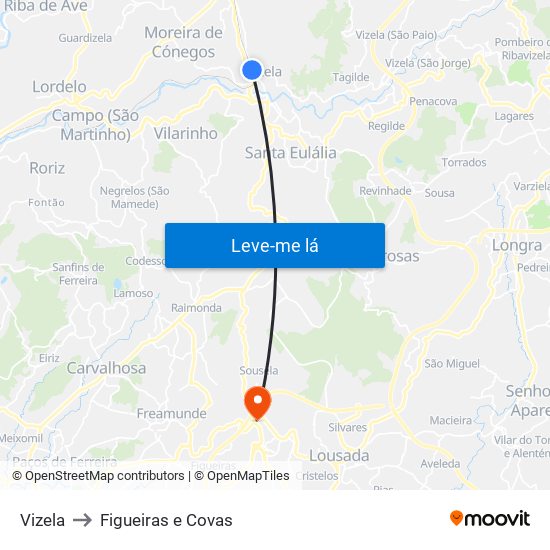Vizela to Figueiras e Covas map