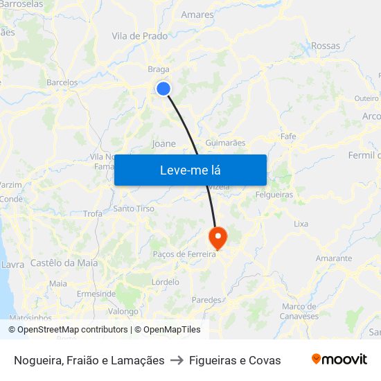 Nogueira, Fraião e Lamaçães to Figueiras e Covas map