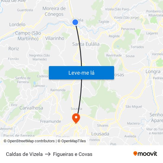 Caldas de Vizela to Figueiras e Covas map