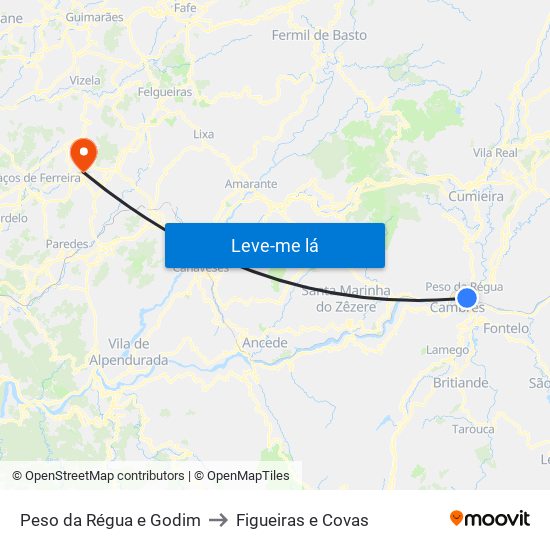 Peso da Régua e Godim to Figueiras e Covas map