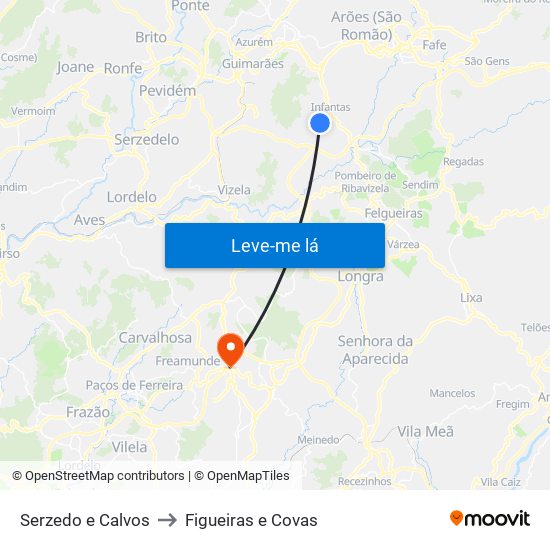 Serzedo e Calvos to Figueiras e Covas map