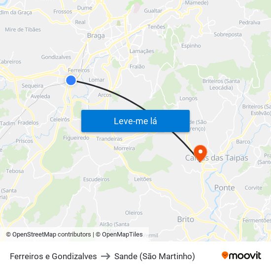 Ferreiros e Gondizalves to Sande (São Martinho) map