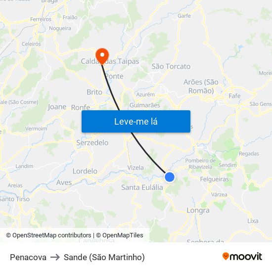 Penacova to Sande (São Martinho) map