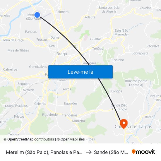 Merelim (São Paio), Panoias e Parada de Tibães to Sande (São Martinho) map