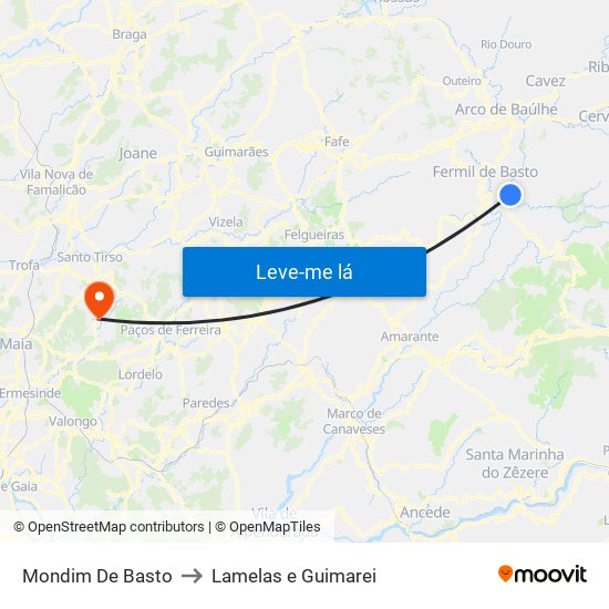 Mondim De Basto to Lamelas e Guimarei map