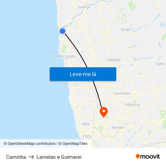 Caminha to Lamelas e Guimarei map