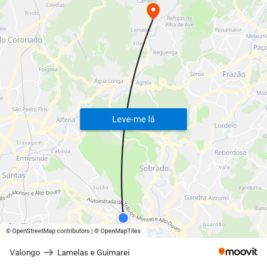 Valongo to Lamelas e Guimarei map