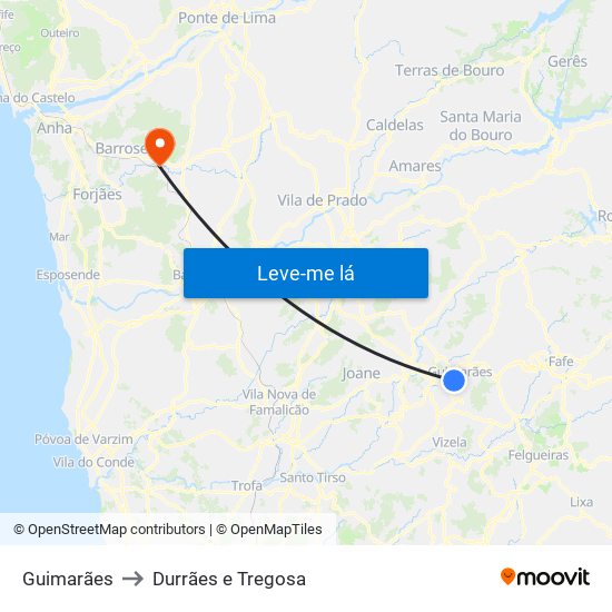 Guimarães to Durrães e Tregosa map