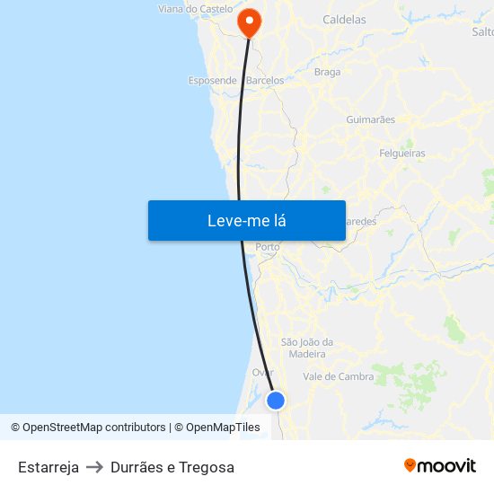 Estarreja to Durrães e Tregosa map