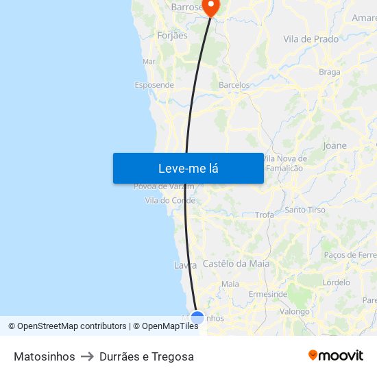 Matosinhos to Durrães e Tregosa map