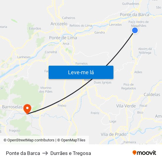 Ponte da Barca to Durrães e Tregosa map