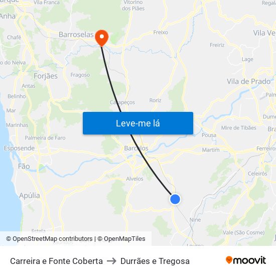 Carreira e Fonte Coberta to Durrães e Tregosa map