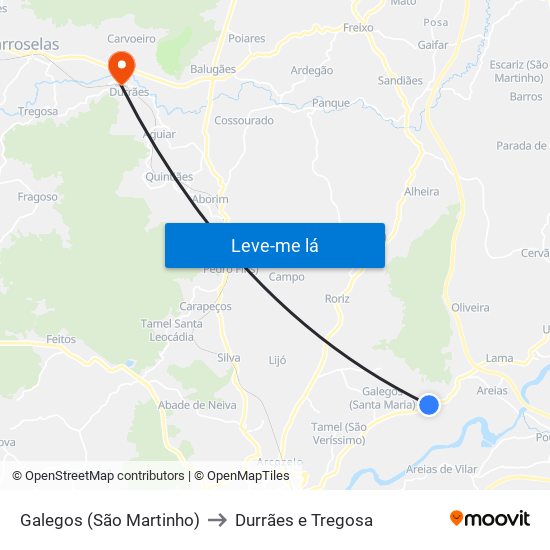 Galegos (São Martinho) to Durrães e Tregosa map