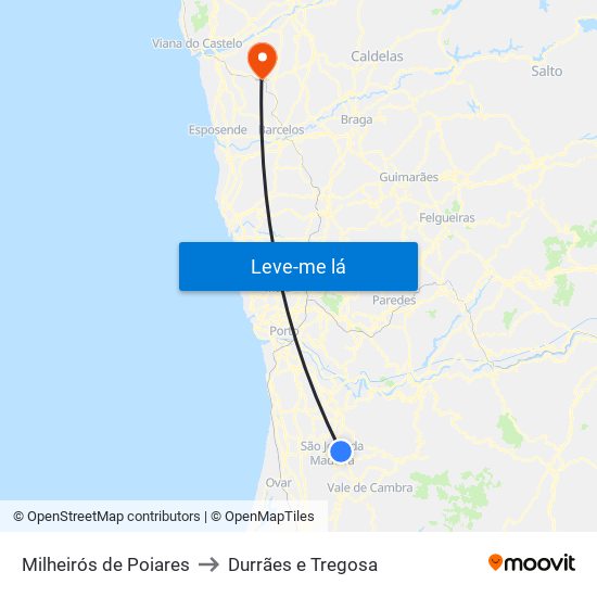 Milheirós de Poiares to Durrães e Tregosa map