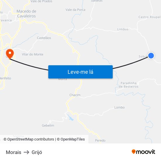 Morais to Grijó map