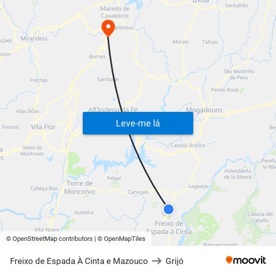 Freixo de Espada À Cinta e Mazouco to Grijó map