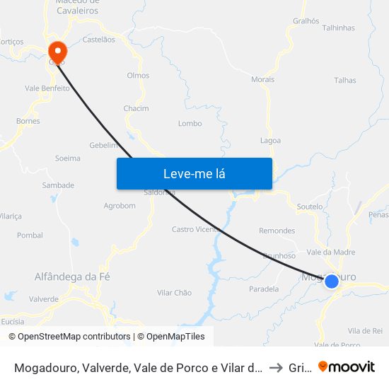 Mogadouro, Valverde, Vale de Porco e Vilar de Rei to Grijó map