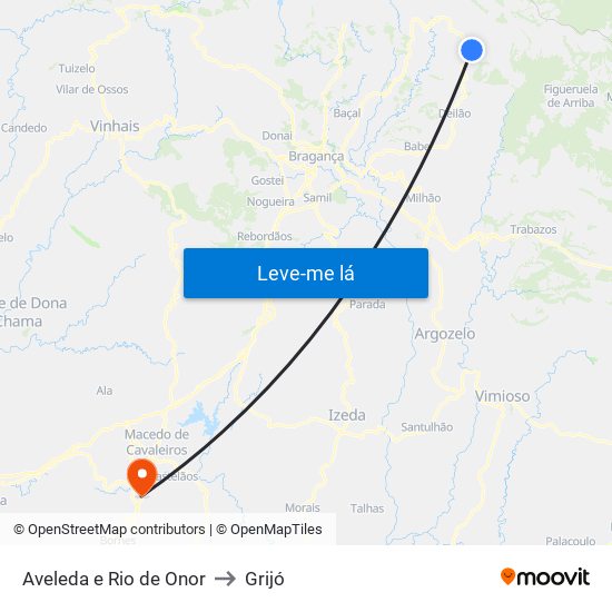 Aveleda e Rio de Onor to Grijó map