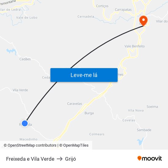 Freixeda e Vila Verde to Grijó map