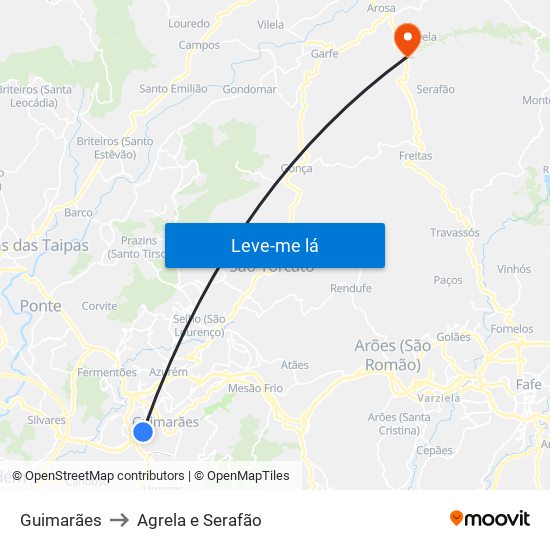 Guimarães to Agrela e Serafão map