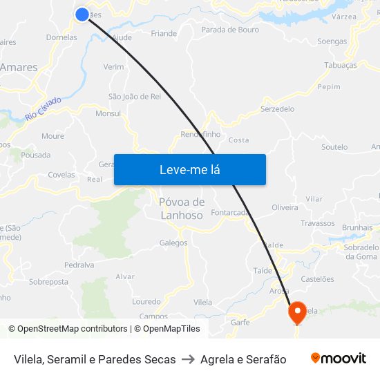 Vilela, Seramil e Paredes Secas to Agrela e Serafão map