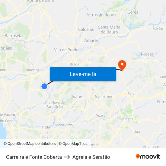 Carreira e Fonte Coberta to Agrela e Serafão map