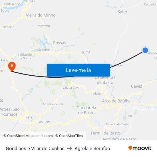 Gondiães e Vilar de Cunhas to Agrela e Serafão map