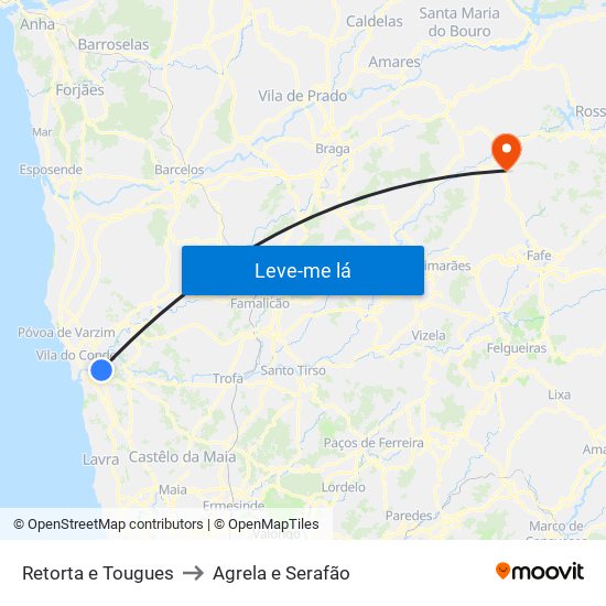 Retorta e Tougues to Agrela e Serafão map