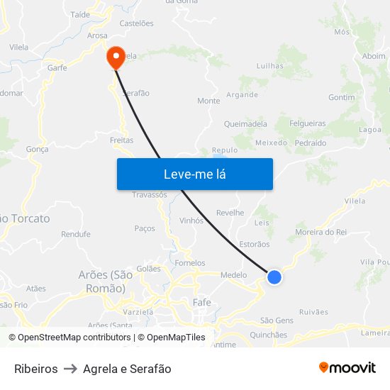 Ribeiros to Agrela e Serafão map